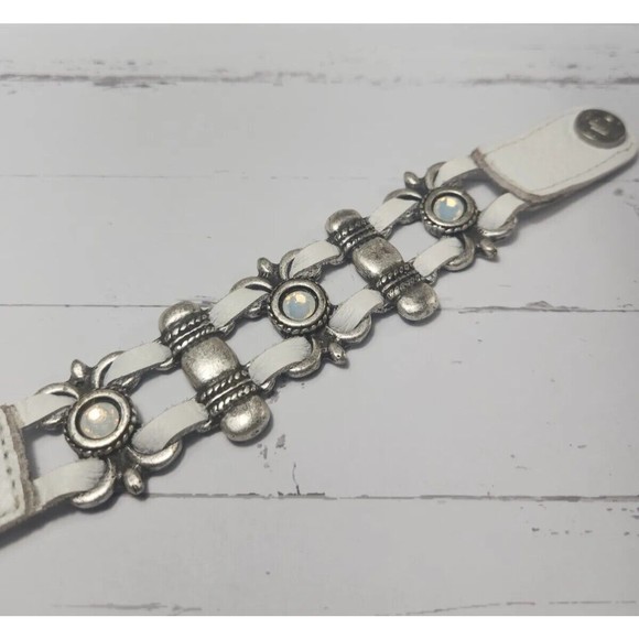 Leatherock White Multi Strand Leather Snap Bracelet Rhinestone Cuff 7.5"L x 1" W - Picture 2 of 11